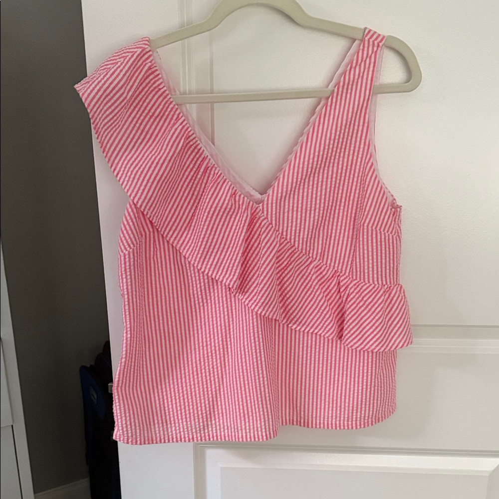 Vineyard Vines Pink and White Striped Ruffle Tank Top